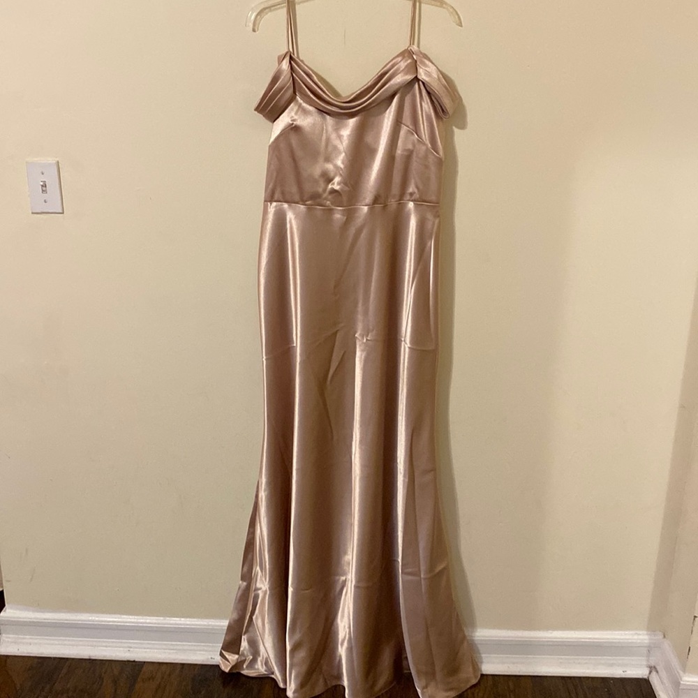 Jenny Yoo rose gold champagne lined satin floor length gown Size 14